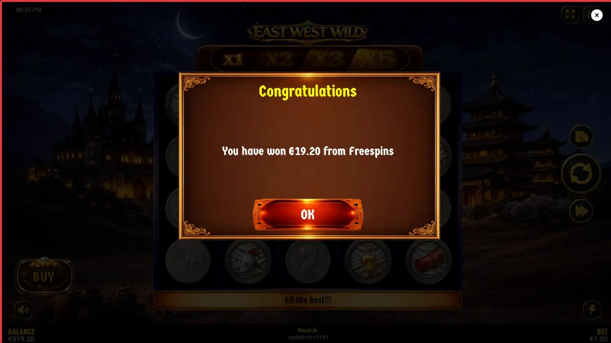 หน้าจอเกมสล็อต East West Wild ที่แสดงสัญลักษณ์ธีมตะวันออกและตะวันตก