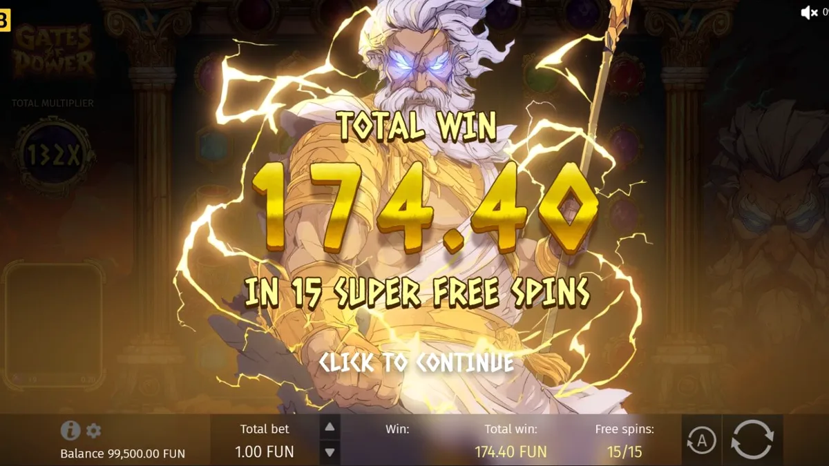 ภาพกราฟิกสวยงามของเกมสล็อต Gates of Power ที่มีธีมเทพเจ้ากรีกและสายฟ้า