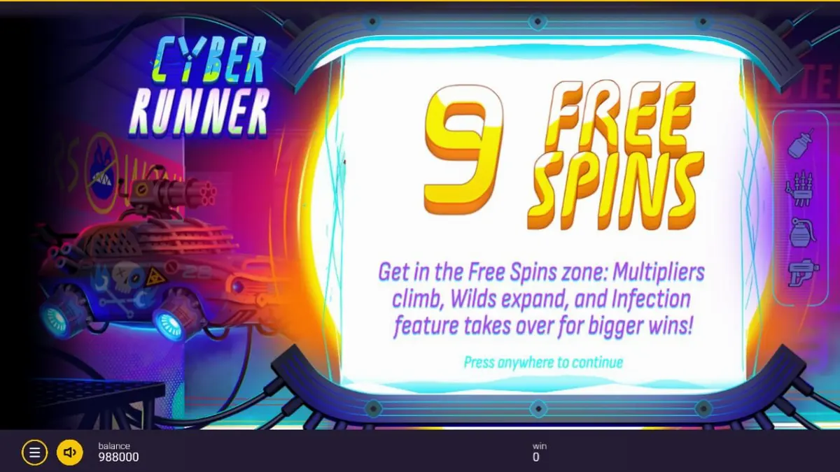 หน้าจอเกมสล็อต Cyber Runner ที่มีธีมไซเบอร์พังค์และแสงนีออน