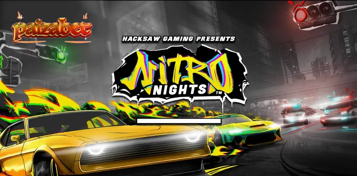 หน้าจอเกมสล็อต Nitro Nights ที่เต็มไปด้วยแสงนีออนและกราฟิกสไตล์การแข่งรถ